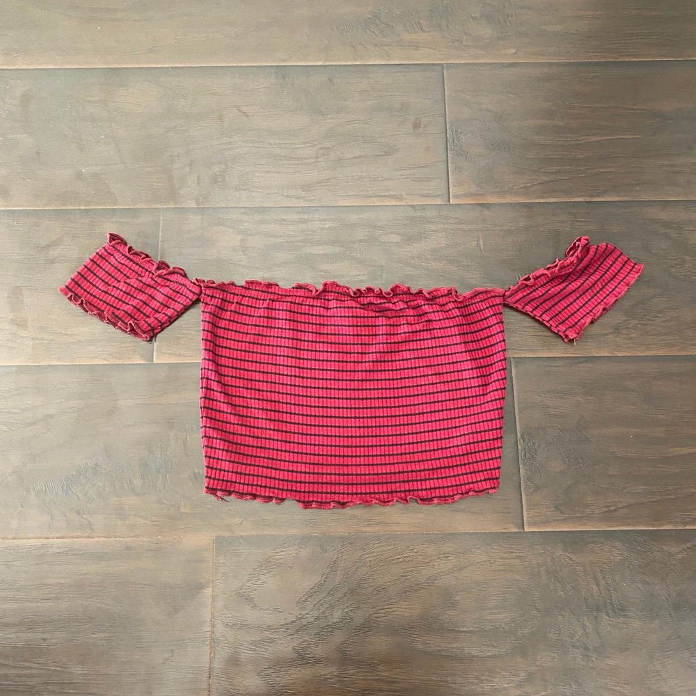Off The Shoulder Red and Black Striped Crop Top